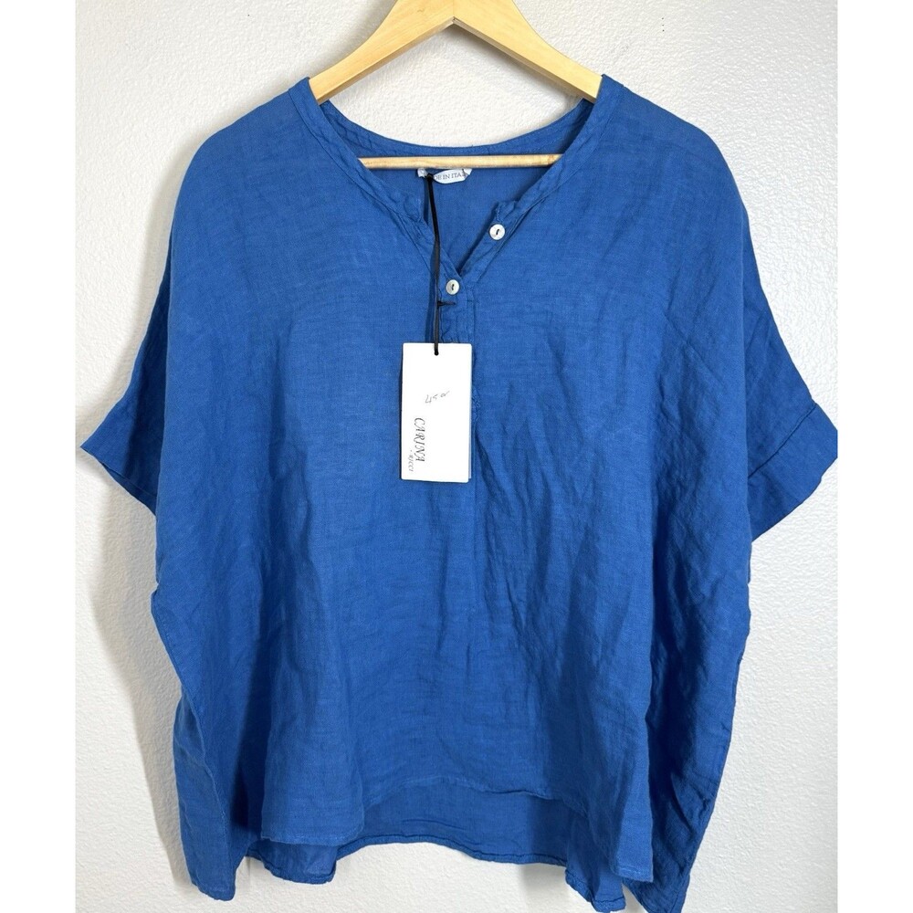 Cezanne Women's Relaxed Linen Button Henley Top - Royal Blue